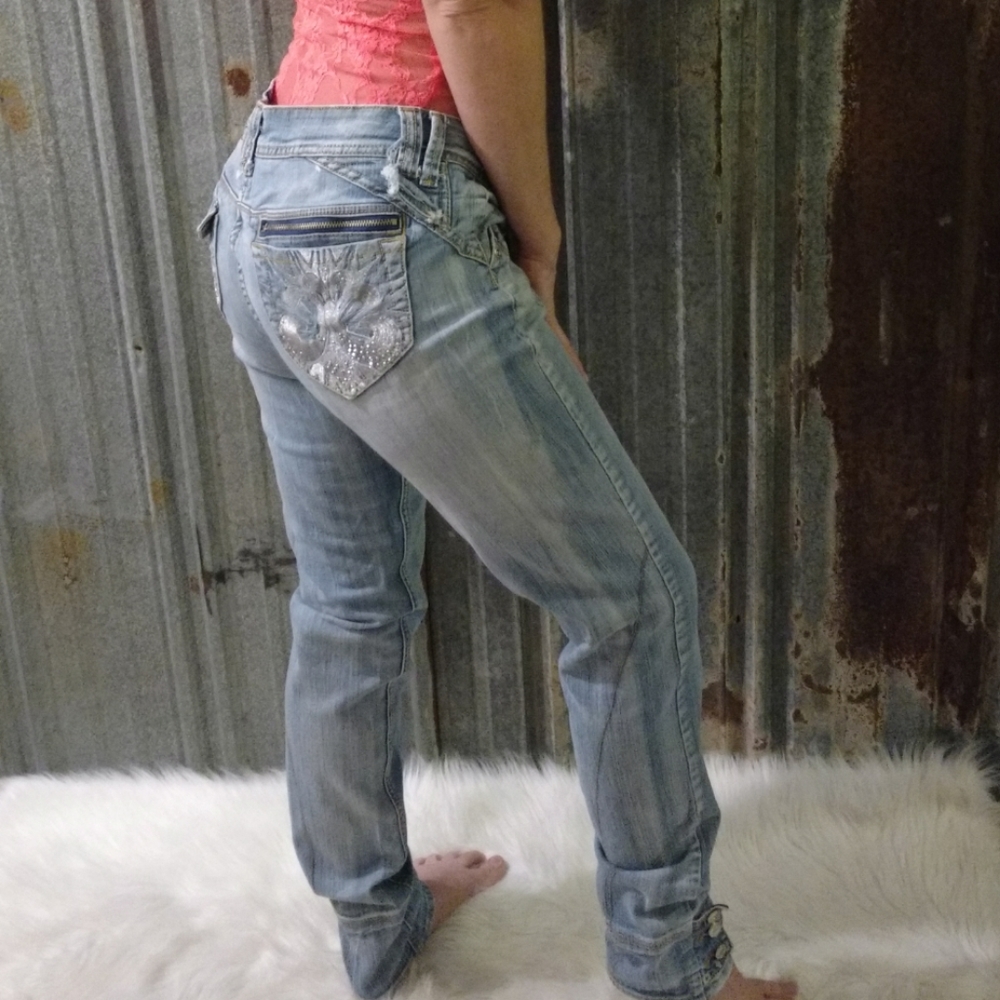 House of Deron Embellished and Button Cuff Jeans